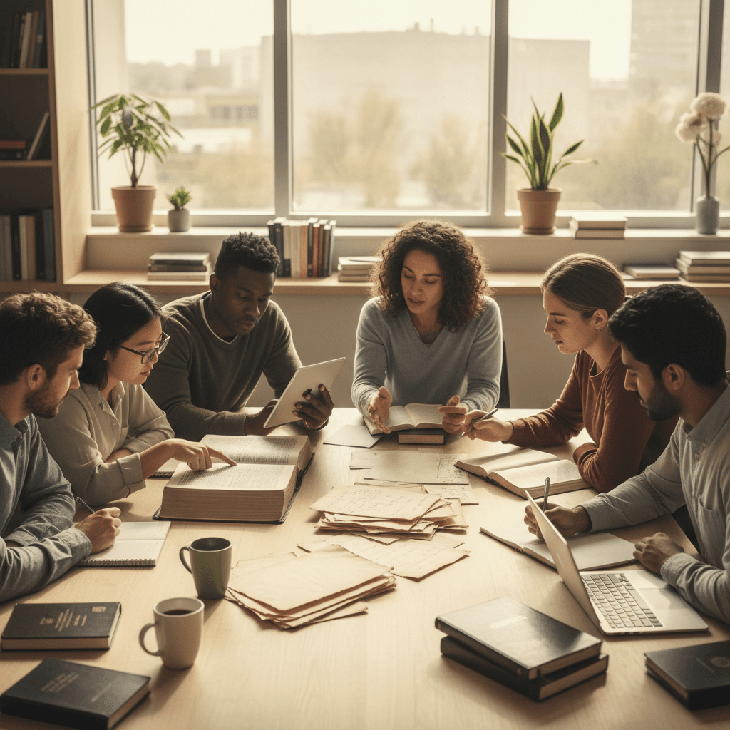 Diverse students studying biblical texts together during academic seminar