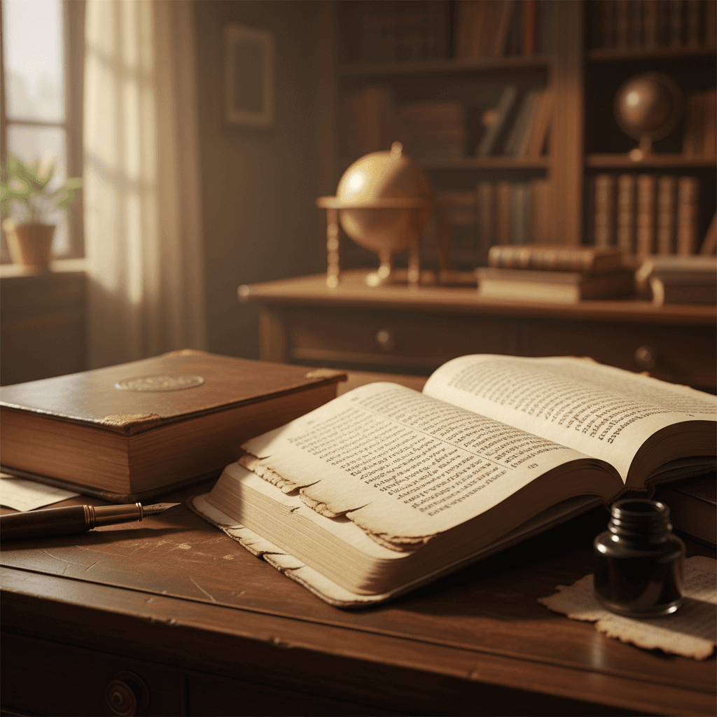 Ancient biblical manuscript on a wooden study desk with scholarly materials
