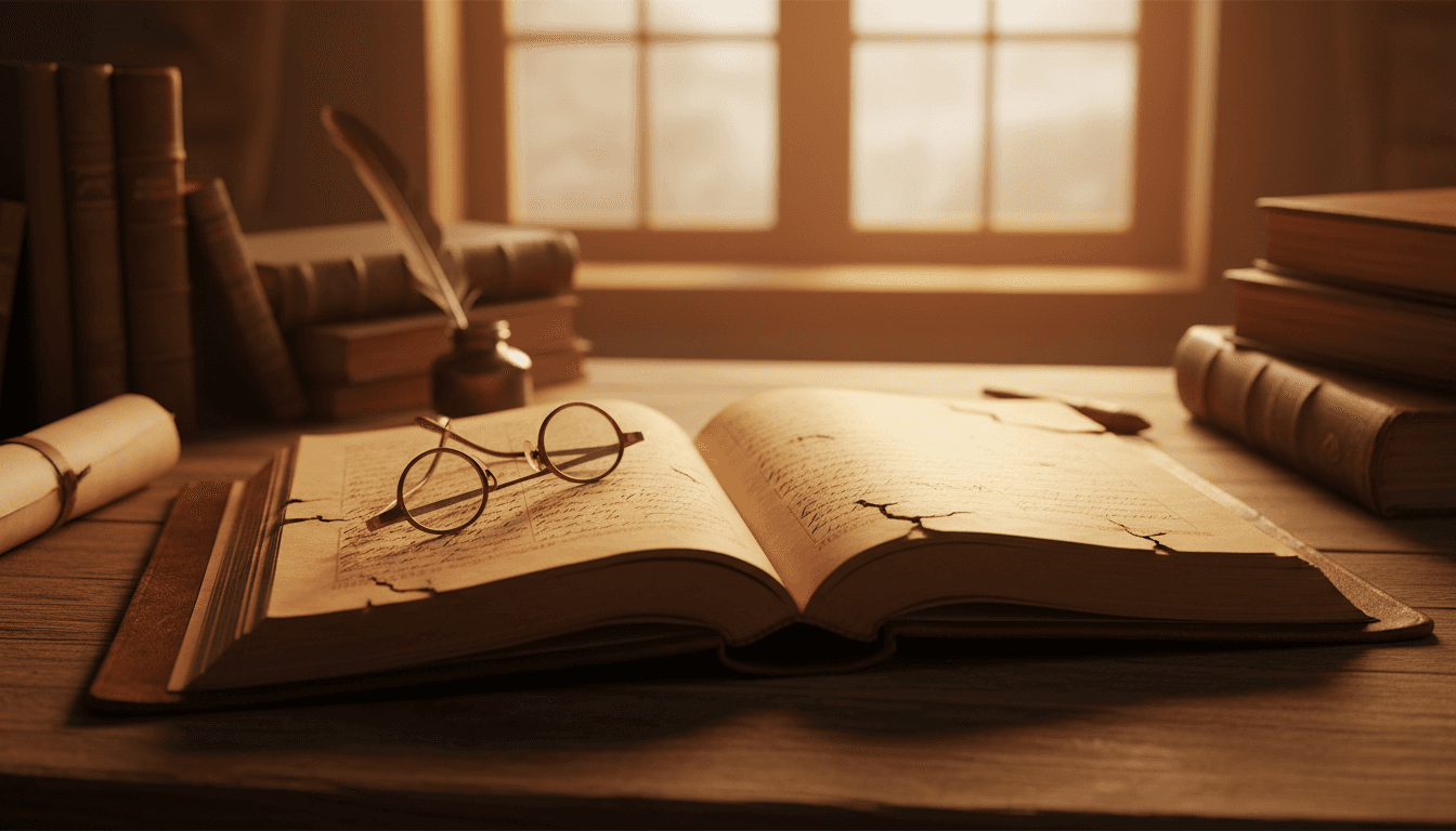 Open ancient biblical manuscript on wooden desk with scholarly materials in warm natural light