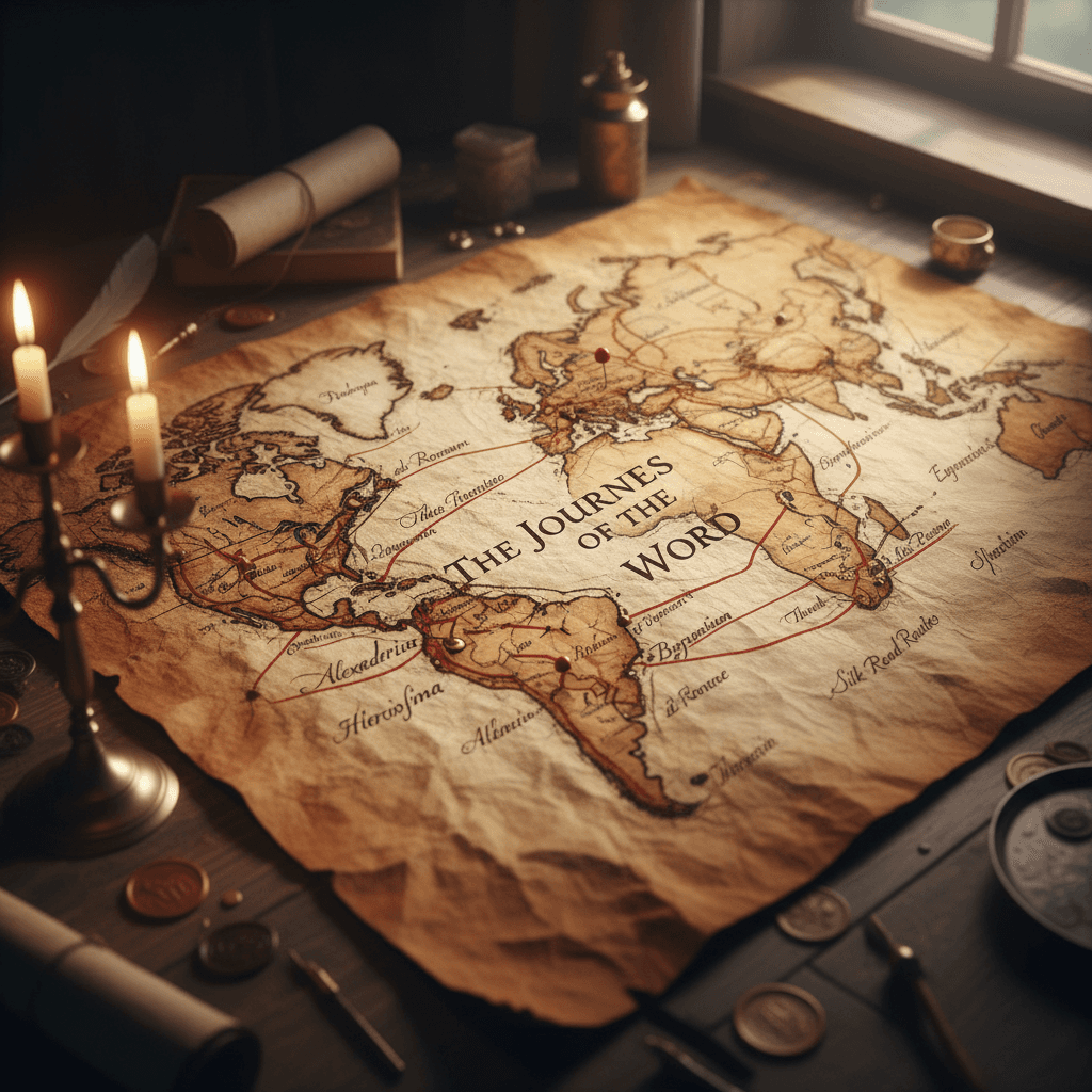 Historical map showing distribution routes of biblical texts across continents