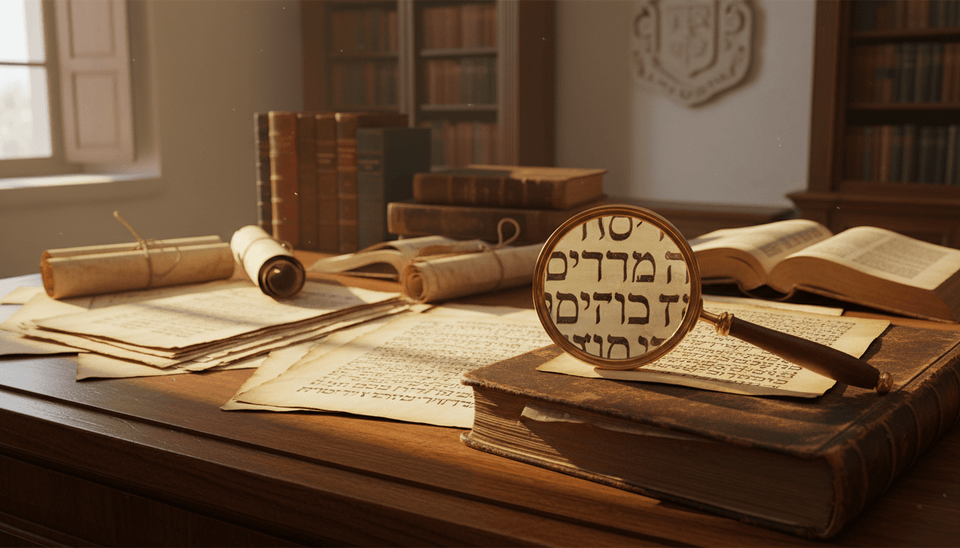 Ancient biblical manuscripts and historical texts illuminated by natural light on a wooden study desk