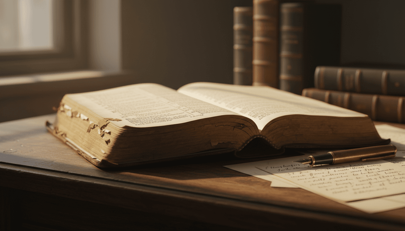 Open antique Bible with scholarly materials on wooden desk, warm scholarly lighting