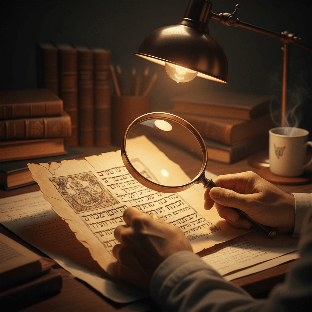 Researcher hands carefully examining ancient biblical manuscript under lamp