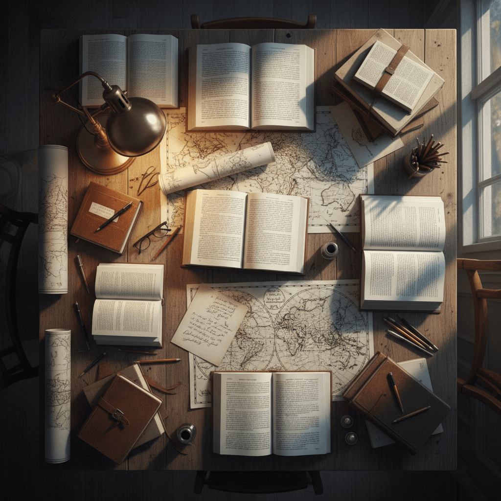 Scholar's study workspace with historical research materials